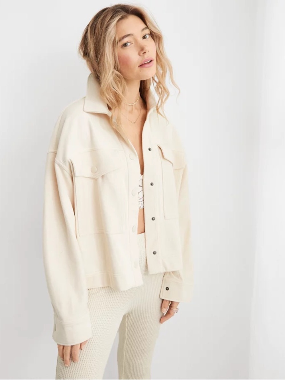 Aerie Cream Off-White Heavyweight Cotton Button-Front Shirt Jacket / Shacket S